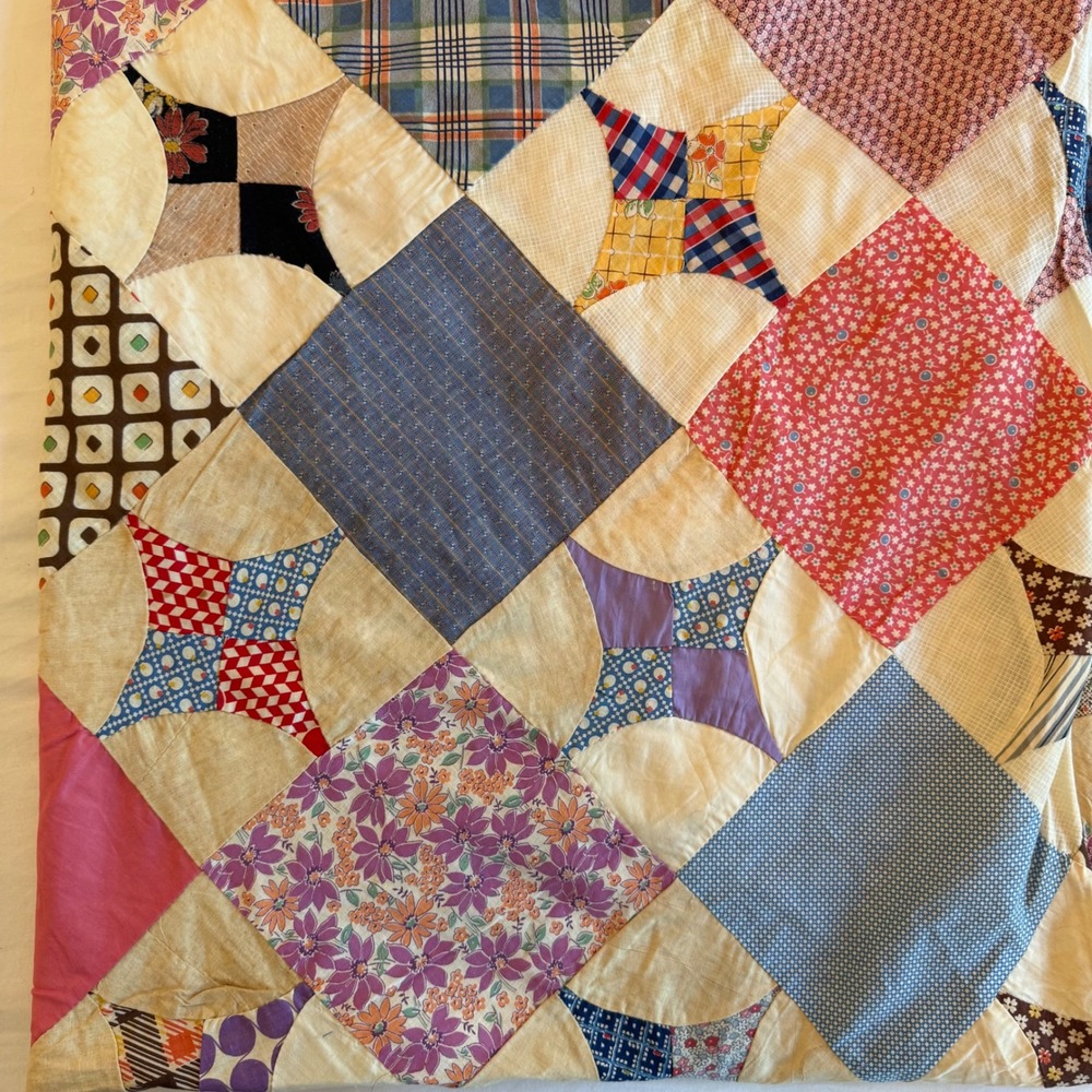 Vintage Handmade Patchwork Quilt Top Bow Tie Diamond Scrap Fabric Multicolor - Picture 7 of 11